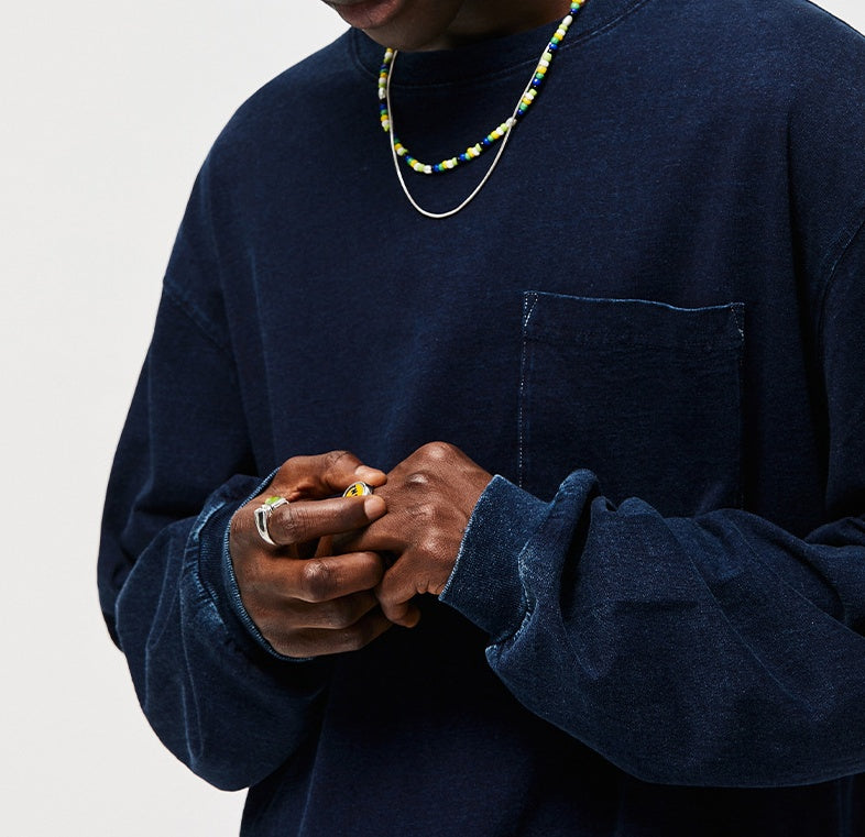 Men's Blue Dyed Knitted Denim Long Sleeve T-shirt Pocket Decoration Wash Water Top