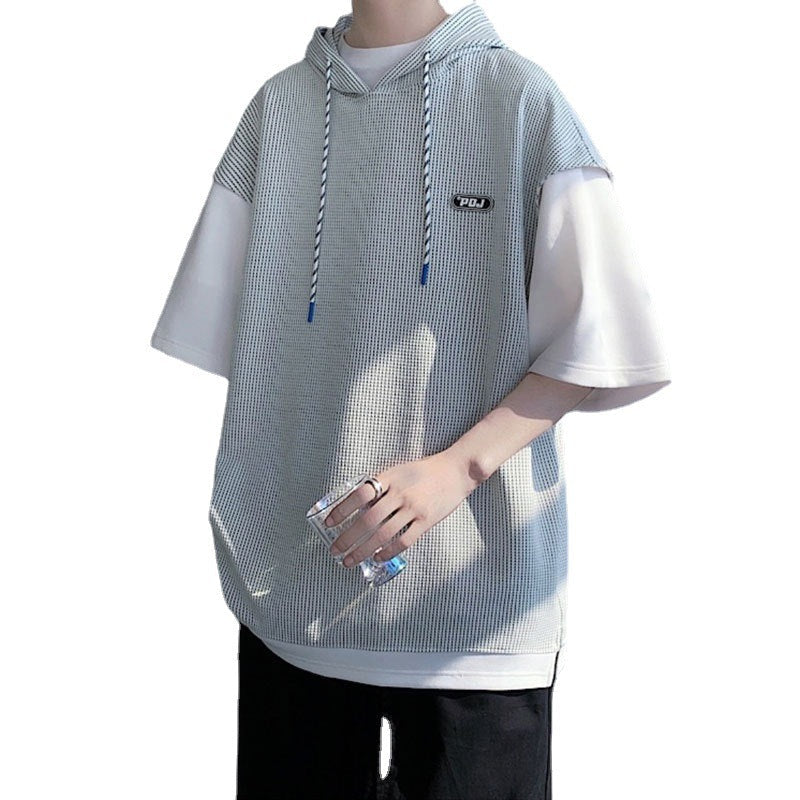 Heavy Plus Size Loose Solid Color Hooded Short Sleeve