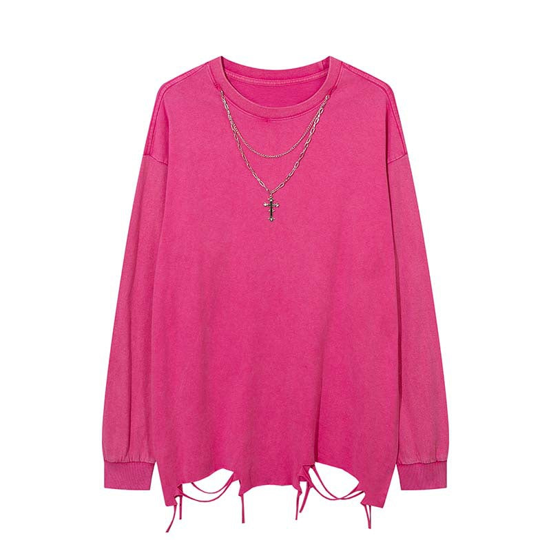 Men's Retro Worn Looking Washed-out Ragged Long-sleeved T-shirt