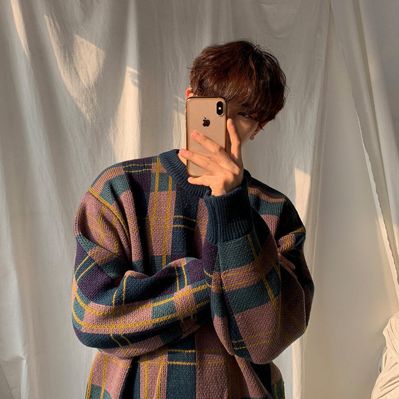 Men's Winter Thick Sweater Color Matching Plaid