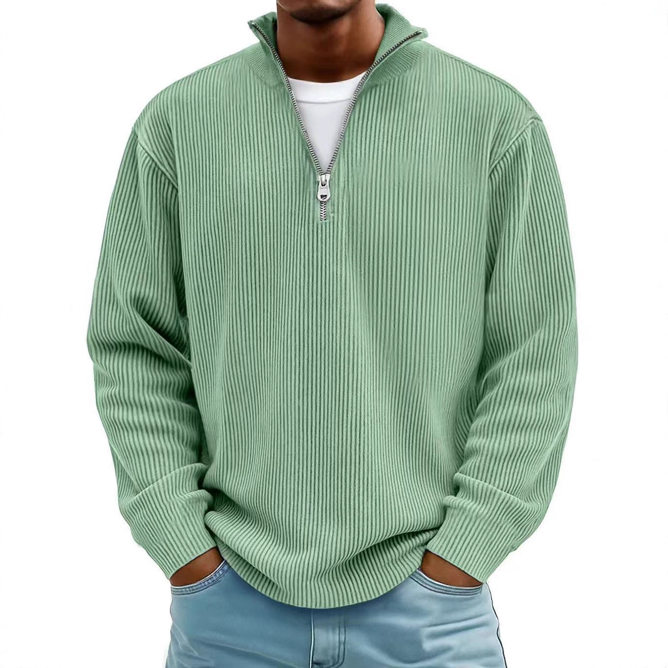 Corduroy Zipper Stand Collar Sweatshirt Fashion Warm Solid Color Long Sleeve Top Men's Casual Polo Shirt Clothing