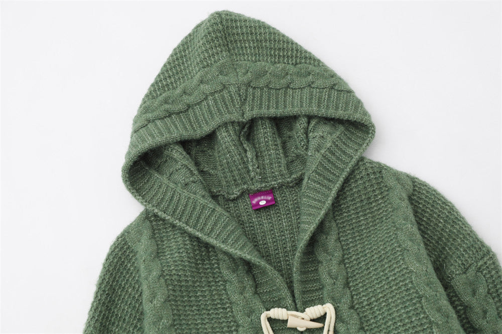 Twist Horn Button Cardigan Hooded Sweater Coat Lazy