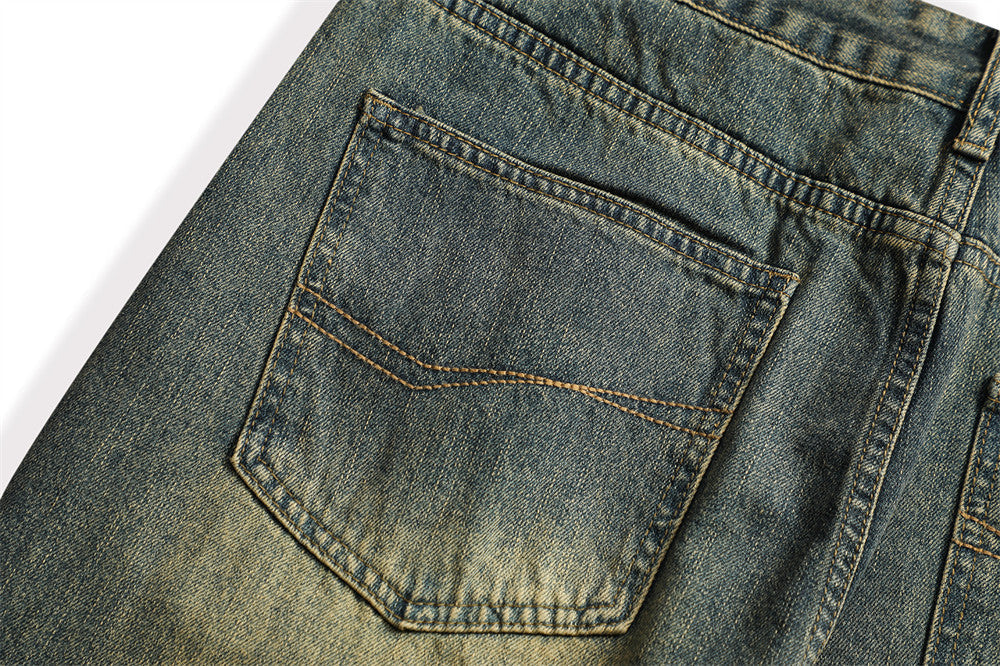 Vintage Men's Loose Yellow Mud Dyed Jeans