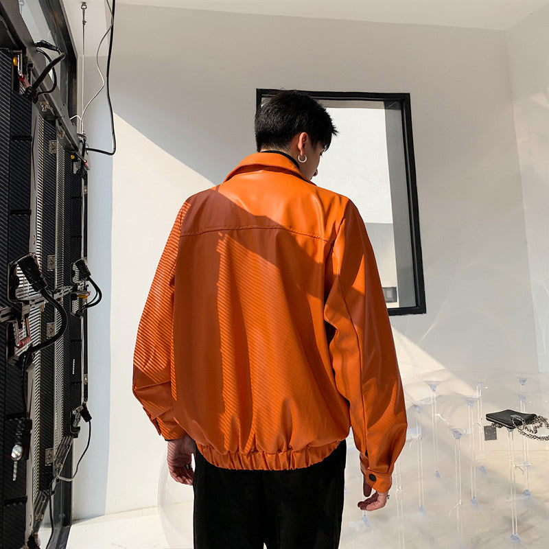 Orange Leather Jacket Men's Loose Outline Three-dimensional Big Pocket