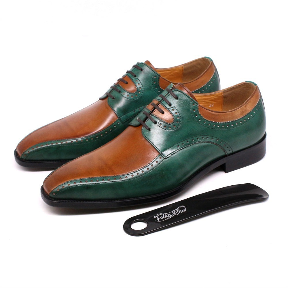 British Fashion Carved Color Matching Leather Shoes Cowhide Business